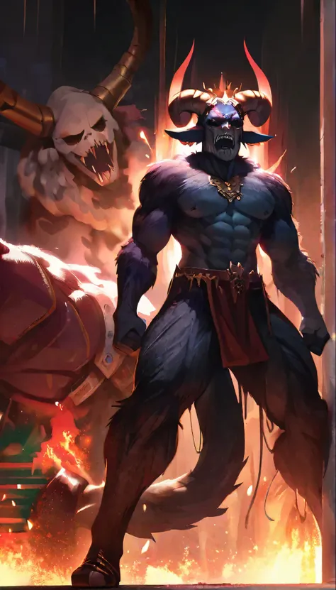 (masterpiece), (best quality: 1.4), (imperfect anatomy: 1.4), high quality, expressive eyes, full body, three-headed beast, detailed cebesas, horrible faces, terrifying faces, detailed ((goat headhead of minotaurzombie head)), (dense, black hair all over t...