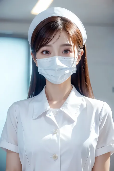 (Tabletop、highest quality、8k、Award-winning works、Ultra-high resolution)、(One beautiful nurse:1.1)、(The perfect white nurse uniform:1.1)、(White Mask:1.1)、Accurate anatomy、(Strongly blurred hospital room background:1.1)、very bright white lighting、(Close-up o...