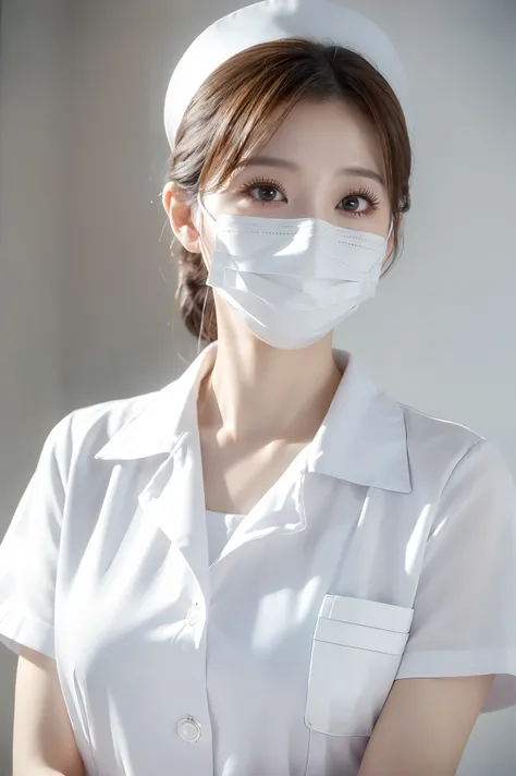 (Tabletop、highest quality、8k、Award-winning works、Ultra-high resolution)、(One beautiful nurse:1.1)、(The perfect white nurse uniform:1.1)、(White Mask:1.1)、Accurate anatomy、(Strongly blurred hospital room background:1.1)、very bright white lighting、(Close-up o...