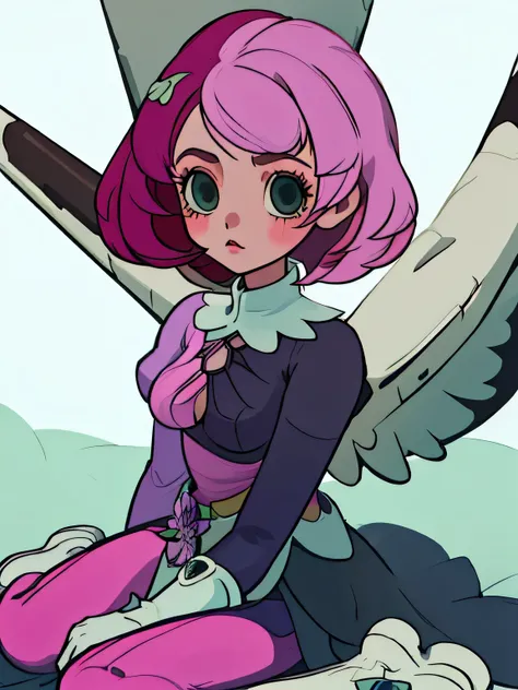 Alisa bosconovitch, melhor qualidade, contemporary, estilo plano, minimalismo, Ilustra??o plana de olhos verdes, cabelo rosa, cabelo curto, cabelos multicoloridos, Camisa Preta, mechanical wings, Close-U head portrait, peito pontudo, decote, super decote, ...