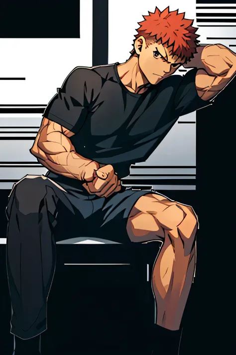 Shirou is sitting and flexing his biceps. He wears black shorts. You can see his thighs. He looks stoic and serious. He has bulging veins on his arms. He wears a black tshirt. His sleeve is completely rolled up so you can see his entire arm and shoulder.