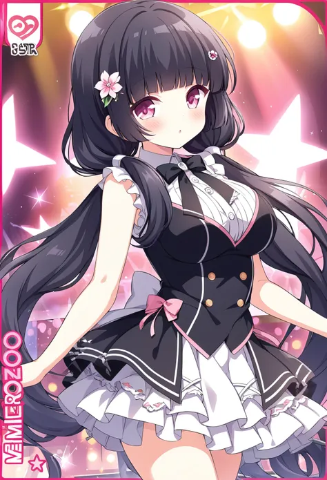 MORIZONOMEI, BLACK HAIR, HAIR FLOWER, HAIRCLIP, BLUNT BANGS, LOW TWINTAILS, HAIR OVER SHOULDER, LONG HAIR, PINK EYES,., large breasts, live stage, solo,