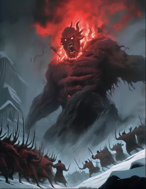 dark theme painting of a horrific setting of demon dancing on the damned as they burn in eternal hell fire in the style of zdzis...