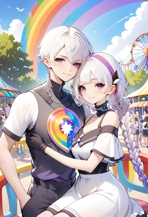 the right amount of art，layered art：happy couple，1 boy-short hair。1 girl - white hair - purple double braids，high collar off-sho...