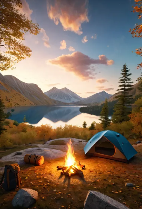 a serene outdoor camping scene, minimalist journey, detailed landscape, dramatic sky, golden hour lighting, detailed tent, campf...