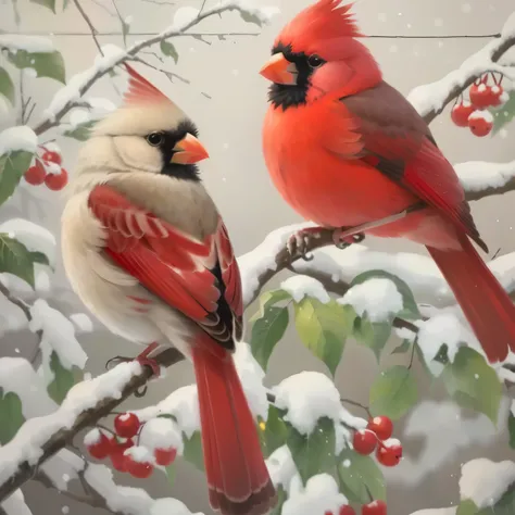 Painting of two cardinals perched on a branch, User Photos, Traditional Arts, red bird, author：Robert Bateman, author：Charles Bird King, author：Doris Blair, birds on cherry tree, ethereal cardinal bird, Caroline Lucy Scott, Close-up photos, very detailed b...