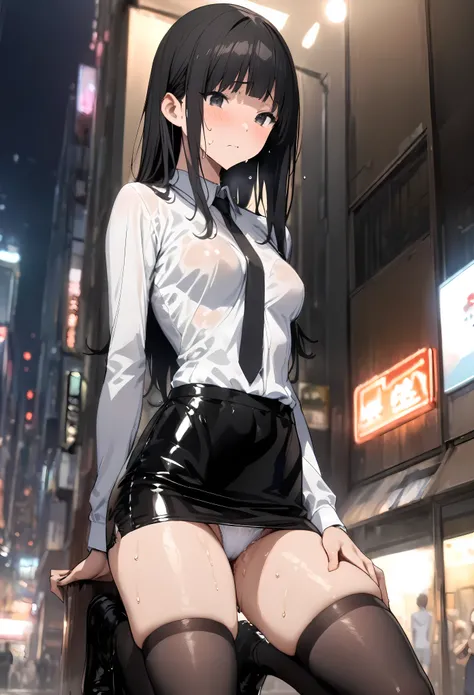 ((masterpiece, highest quality:1.3)),cowboy shot,25 year old beauty,solo,very small head,black hair,long hair,black eyes,blunt,skinny,medium breasts,long body,slender body,skinny,shiny skin,oily skin,sweat,shy,sad,,、Black tie、White long sleeve collared shi...