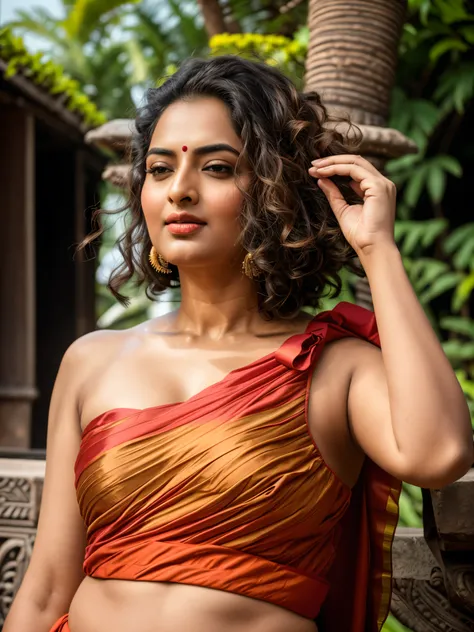 Foto RAW, photorealistic, photography, full body shot, master shot, perfect eyes, goddess like beauty, pierced eyes, perfect thick chubby mallu Desi aunty bhabhi, Wearing a Stanapatta, a chest-band.Saree model, model Photography, Indian saree shoot, Indian...