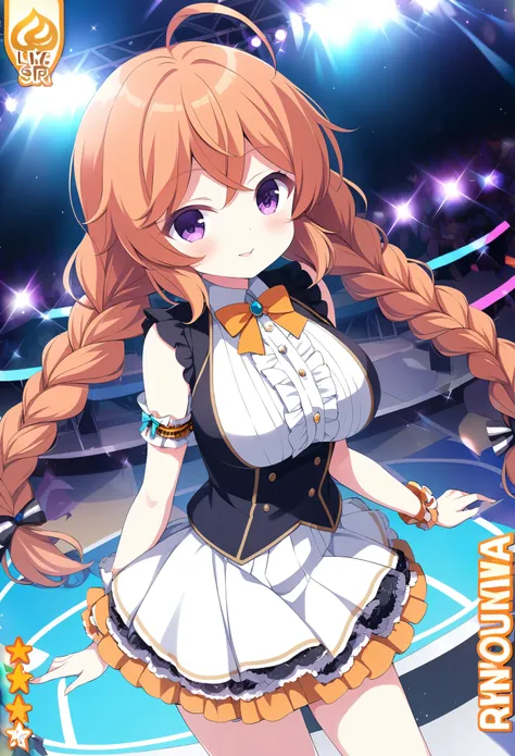 SUZUKAWARINO, ORANGE HAIR, AHOGE, TWIN BRAIDS, PURPLE EYES, long hair,, large breasts, live stage, solo,