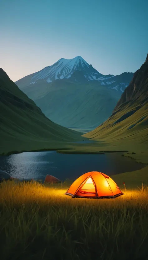 a minimalist camping tent in a serene landscape, realistic, cinematic lighting, vibrant colors, intricate details, (best quality,4k,8k,highres,masterpiece:1.2),ultra-detailed,(realistic,photorealistic,photo-realistic:1.37),landscape,outdoor scene,camping,n...