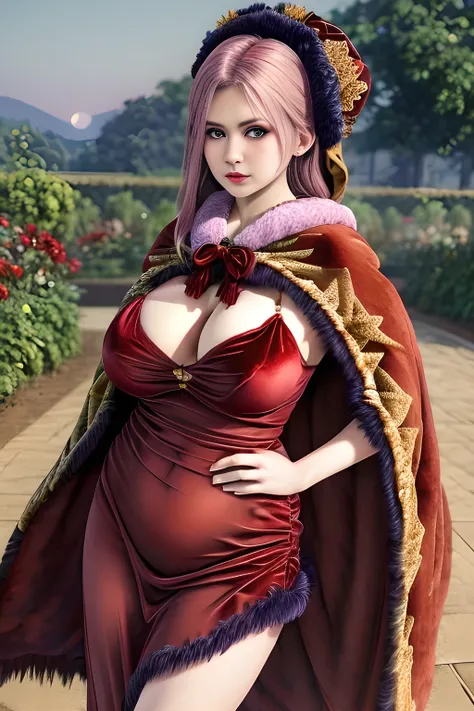 1girl,(RED theme: 1.2), (Velvet fabric nightgown: 1.2), (Koch snowflake cloak: 1.5), ,garden,moon,huge breasts,lactating,(lip gloss),(masterpiece), best quality, (real life portrait photography:1.5),unltra detailed,8K,Shot with a professional-grade camera ...