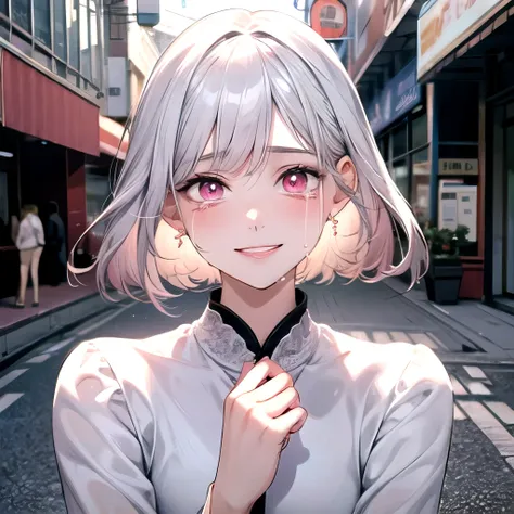 ((best quality)), ((masterpiece)), (detailed), perfect face. Asian girl. White hair. Short hair. Pink eyes. Inner pink hair. Glowing eyes. Crying. Smile. Look behind. White clothes. Street.