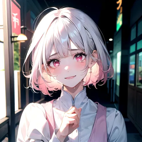 ((best quality)), ((masterpiece)), (detailed), perfect face. Asian girl. White hair. Short hair. Pink eyes. Inner pink hair. Glowing eyes. Crying. Smile. Look behind. White clothes. Street.