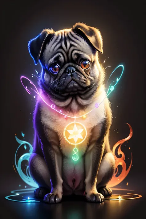 Colorful drawing of a pug on a black background,, Breathtaking Rendering, In a shining connection, Inspired by Kinuko Y. Crafting,, Magical Elements, Kitten Icon, oh, Is beautiful, Cast a variety of spells, bright flash, flash  