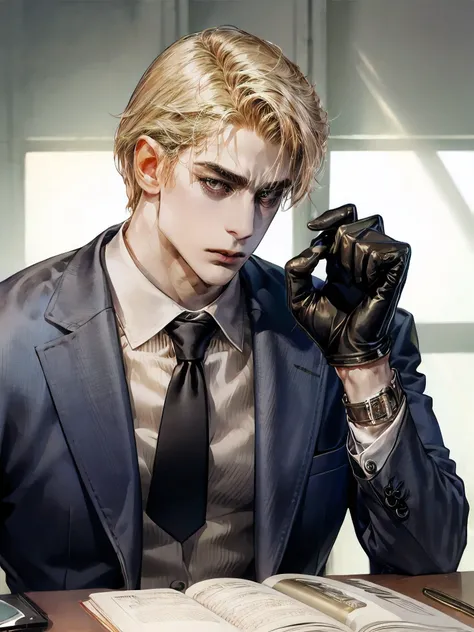 Mafia dad with youthful face, muscular body, blonde hair, brown eye, stoic expression. Hes wearing tailored suit, rolex and gloved hands.