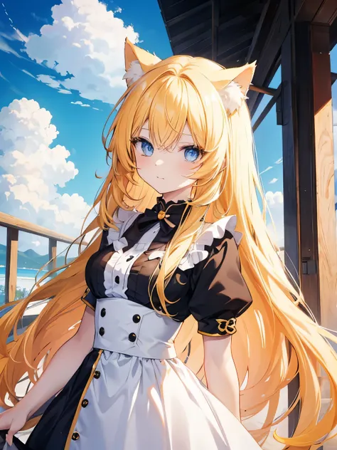 Anime cat girl with long yellow hair and blue eyes