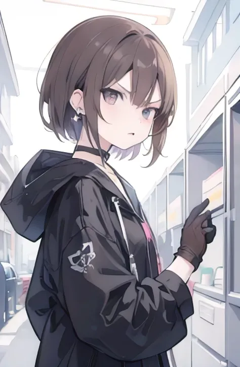 1girl,anime_coloring,black_eyes,black_gloves,brown_hair,choker,earrings,gloves,jewelry,mailbox,parody,short hair,angry,solo,style_parody,,  