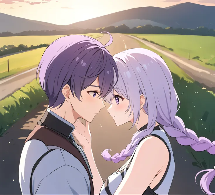 A couple(1 male, 1 woman with purple and white gradient double braids),Meet on a country road,Face to Face,Four eyes facing each other,Sunshine,The background is green fields and hills in the distance,Warmth,romantic,happiness
