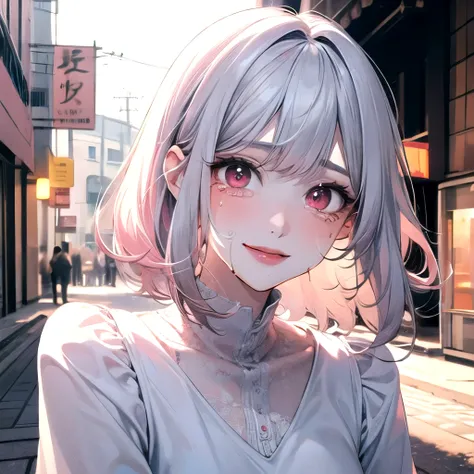 ((best quality)), ((masterpiece)), (detailed), perfect face. Asian girl. White hair. Pink eyes. Inner pink hair. Glowing eyes. Crying. Smile. Look behind. White clothes. Street.