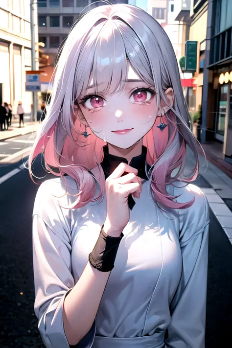 ((best quality)), ((masterpiece)), (detailed), perfect face. Asian girl. White hair. Pink eyes. Inner pink hair. Glowing eyes. Crying. Smile. Look behind. White clothes. Street.