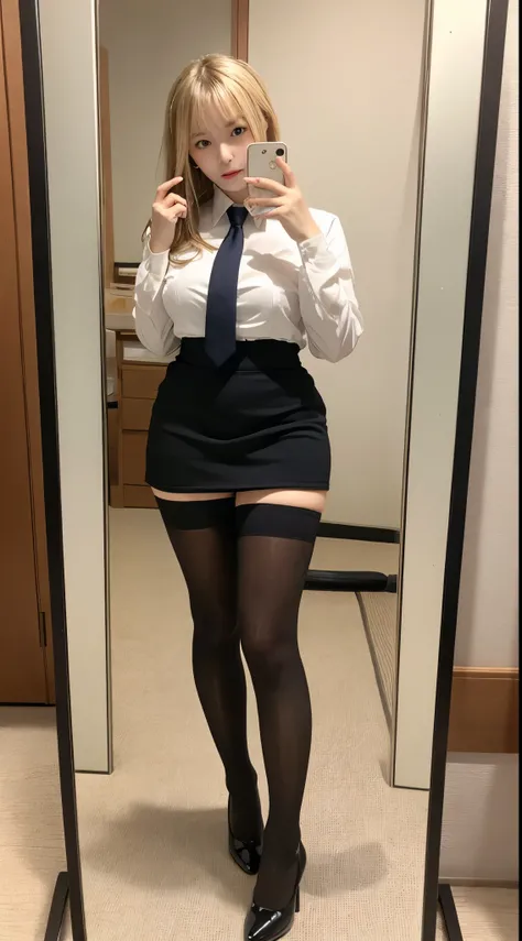 Japanese Beauty、Blonde、Gal、Selfie、tie、White shirt、青色のMiniskirt Police衣装、Miniskirt Police、Big Breasts、squat、Mirror photo、Reflected in the mirror、Thighs、17 years old、Sitting　tights