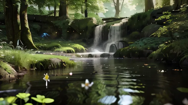 a beautiful lush green forest, sunlight filtering through the trees, graceful flowing air currents, ethereal mist, serene pond with rippling water, delicate flowers blooming, birds taking flight, (best quality,4k,8k,highres,masterpiece:1.2),ultra-detailed,...