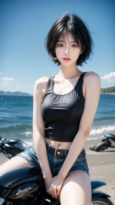 best quality, 1 Girl, dark blue hair, black eyes, Very short hair, Spiky hair, blue t-shirt, High waist short, 171 cm, Messy hair, Hair between the eyes, Medium breasts, full, Tomboy, aldult, 20 years old, 1 Girl, Straddling a motorcycle blue,  Brutalist D...