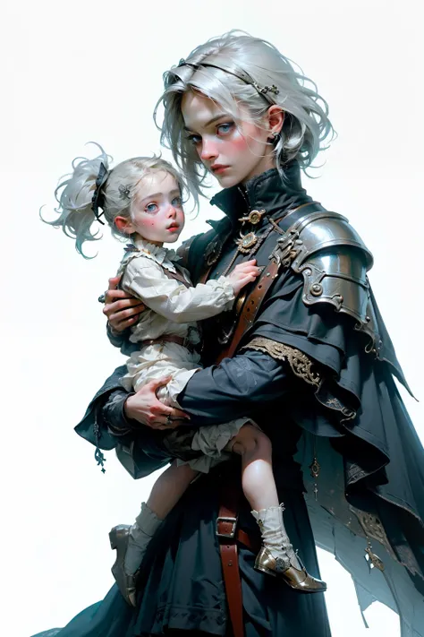 ((best quality)), ((masterpiece)), (detailed), perfect face, a mother cradling her child, a female knight, white background, plain background, Bloodborne inspired, Bloodborne attire, occult aesthetic, occult, red and white clothing detailed and intricate s...