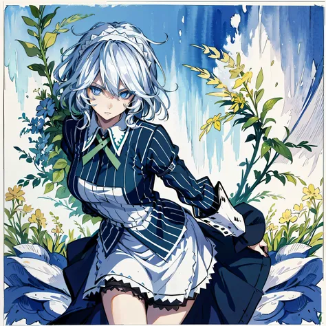 (Masterpiece, Top Quality, Best Quality, watercolour (medium), official arts, Beauty and Aesthetics: 1.2), (1girl 25 years old: 1.3), (s fractal art: 1.3), clean background, Background, full - body, gaze at the viewer, 1girl, solo, sakuya izayoi, silver h...