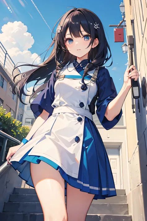 (alone), cute (One girl) walk,path,[From below:1.2　。Running up the stairs　Low - Angle　The lining of the skirt is visible　Anime girl in uniform　White panties　　Pokemon Girl Flat Chest　Black Hair　Long Hair　skirt　
