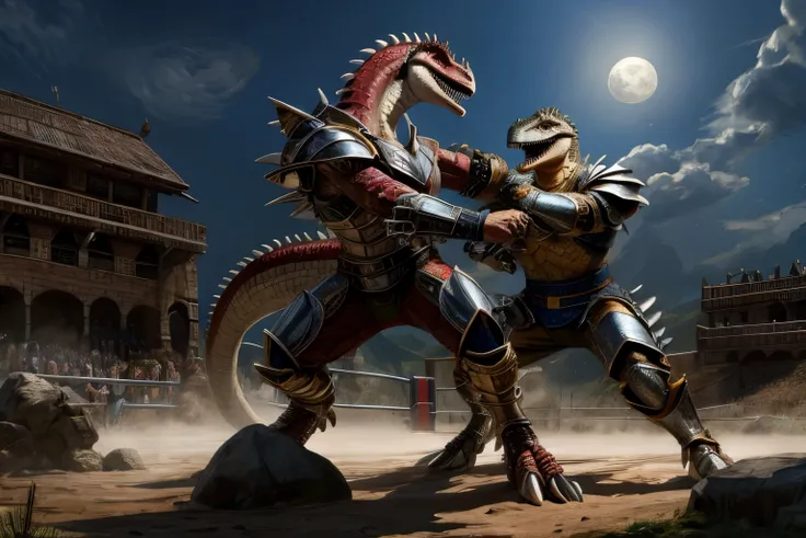 two anthro red scale armored dinosaurs fighting