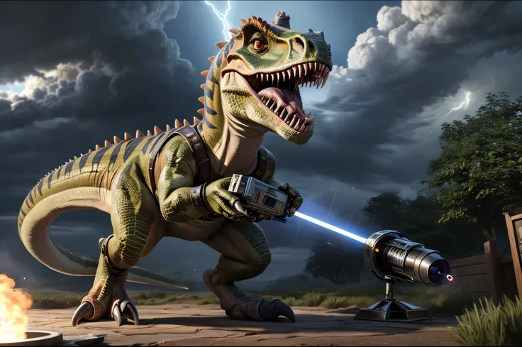 (((dinosaur character, full body, cinematic setting, lizard male))) 

Here I come, drop your jaws to the floor
Im riding on my (((mighty laser-shooting dinosaur))) 
Here we come, can you hear him roar?

Prepare for epic fight and his (((laser missiles)))
T...