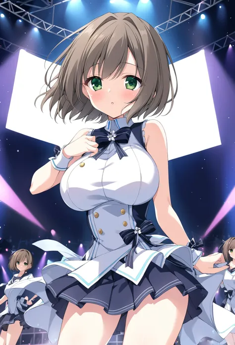 kudokanae, green eyes, short hair, ribbon,, large breasts, live stage, solo,