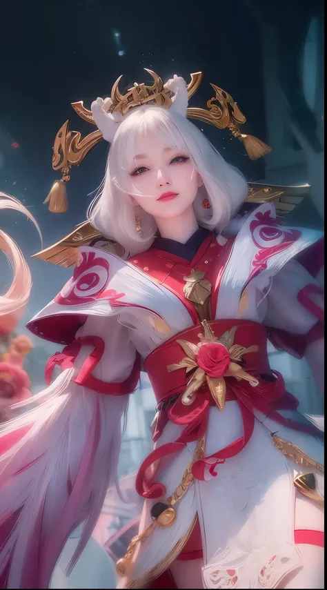 A beautiful korean woman,red lips,(smile),white hair,white and red outfit, super realistic, high detailed 