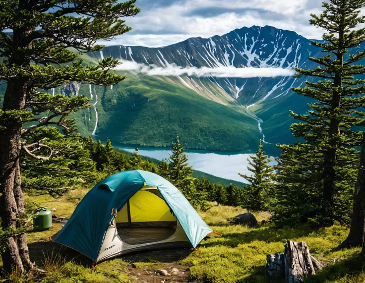 outdoor camping, adventurers bushcrafting deep in the mountains, spectacular views