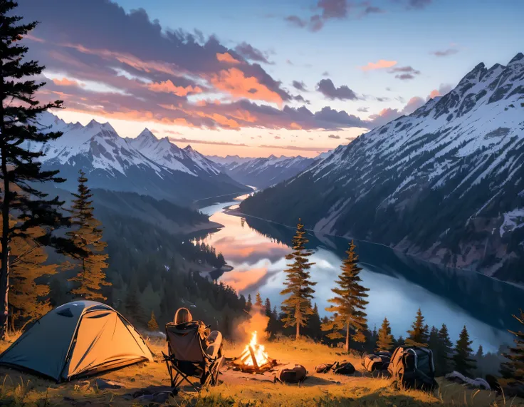 outdoor camping, adventurers bushcrafting deep in the mountains, spectacular views