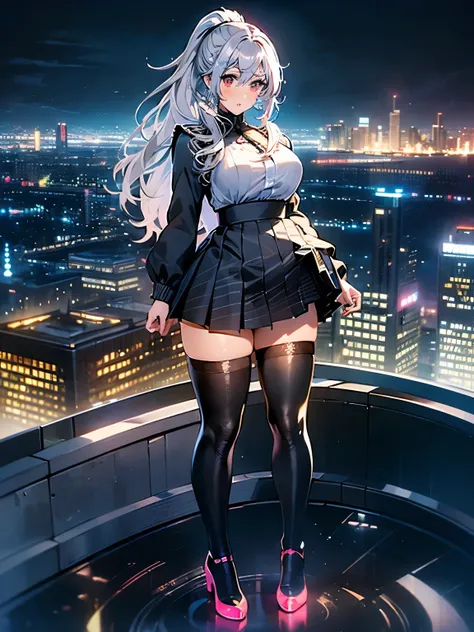 anime, (artwork, best quality, ultra-detailed, high contrast), 1 woman (Alone, full body, plus size body, standing on the edge of the skyscraper, silver hair, LONG In a ponytail, red eyes (detailed eyes), passionate expression, red lips (perfect lips), rub...