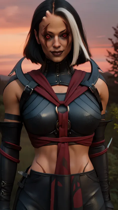 sareenamk1,red eyes,black sclera,(two-tone hair,white streaked hair,)bangs,scar, black crop top,o-ring,gloves,midriff,cleavage, ...