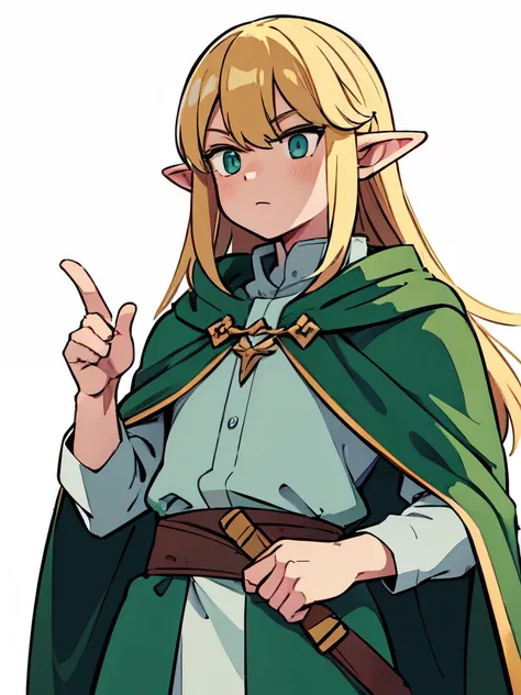 Man, elf, One character, long light hair, blond, Green Cloak, Hakki shirt, White background