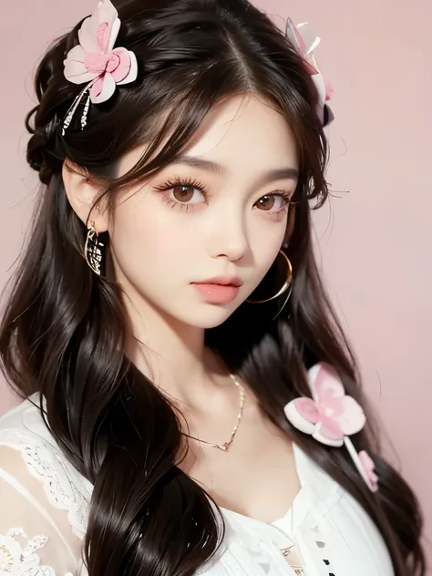Kim Jennie with dark brown hair, mientras trenzas bonitas, with little curlers in her hair, con ojos marrones claros, ojos bonitos, with long and beautiful eyelashes, cejas perfectas, thick heart shaped lips with cupid's bow, Crimson lips, piel bonita,...