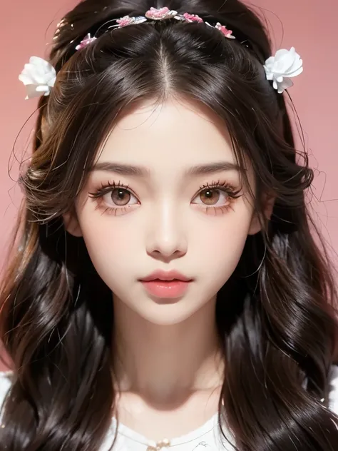 Kim Jennie with dark brown hair, mientras trenzas bonitas, with little curlers in her hair, con ojos marrones claros, ojos bonitos, with long and beautiful eyelashes, cejas perfectas, thick heart shaped lips with cupid&#39;s bow, Crimson lips, piel bonita,...