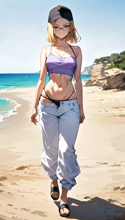 (masterpiece, best quality:1.2), full body shot, solo, Android 18 from Dragon Ball, collarbone, cleavage, slip-on one-shoulder crop camisole, pale lavender camisole, midriff-baring, navel, (white baggy pants with one button undone), (exposing pale lavender...