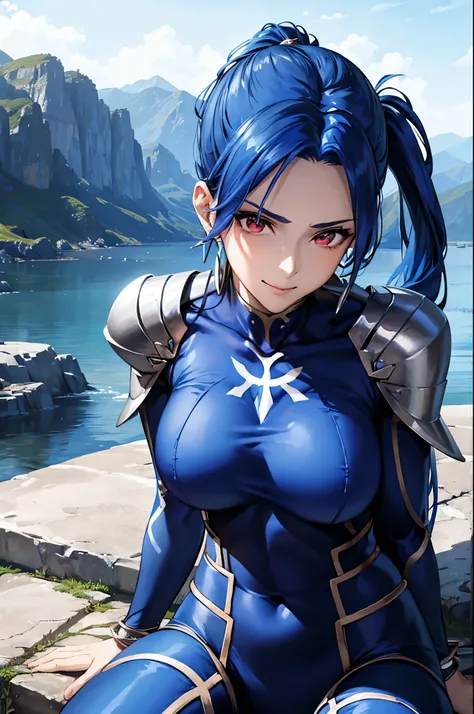 (masterpiece, best quality:1.2), expressive eyes, perfect face, highres, 1girl, solo, (female:1.5), cu chulainn - lancer (fate), blue hair, long hair, spiked hair, low ponytail, red eyes, (blue bodysuit:1.5), bracelet, earrings, jewelry,  necklace, shoulde...