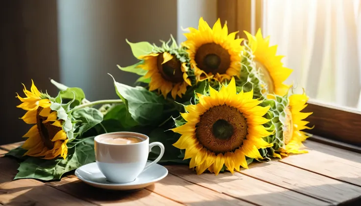 Closeup bouquet of sunflowers lying flat on wooden tabletop,Exquisite, beautiful and bright through soft light and shadow,Take away cup of coffee in the fresh and bright morning time。Viewed from a bird's eye view,The bokeh background adds a romantic at...