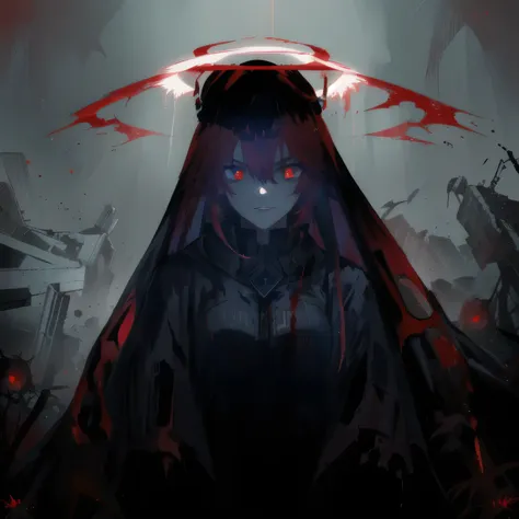 arafed image of a woman with a red cape and a halo, with red glowing eyes, with glowing red eyes, blood dripping from eyes, gapm...