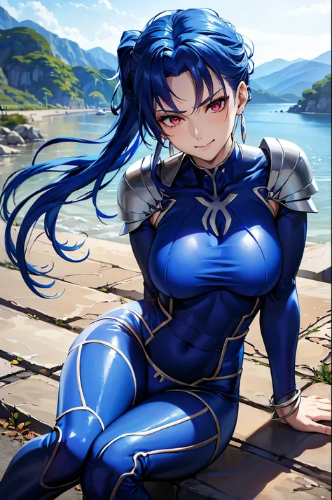 (masterpiece, best quality:1.2), expressive eyes, perfect face, highres, 1girl, solo, (female:1.5), cu chulainn - lancer (fate), blue hair, long hair, spiked hair, low ponytail, red eyes, (blue bodysuit:1.5), bracelet, earrings, jewelry,  necklace, shoulde...