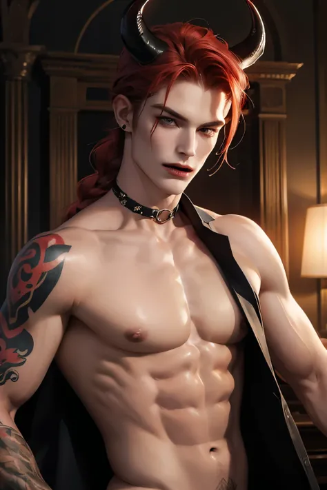 ((Best quality)), ((masterpiece)), 8k (detailed), ((perfect face)), perfect proporcions, ((halfbody)) he is a sexy demon, he has horns, he is 18 years old, he has red hair in a braid, he is naked, he has tattoos, he is muscular, he has horns, he wears a sp...