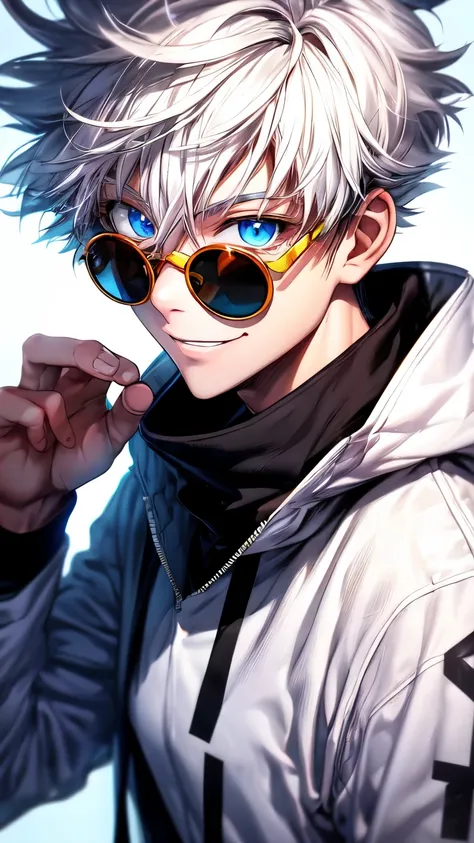 gojou satoru, solo, looking at viewer, smile, short hair, bangs, blue eyes, simple background, long sleeves, 1boy, white backgro...