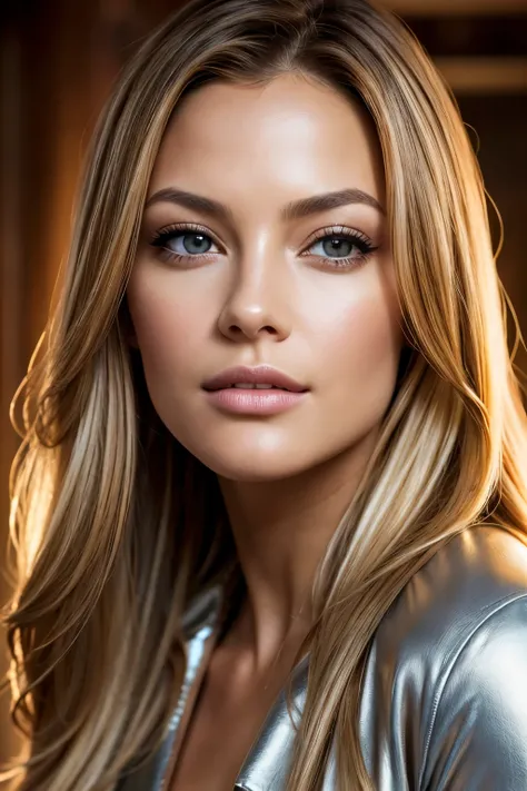 (high quality, realistic:1.2), portrait, beautiful flowing hair, beautiful Becki Newton, wearing a sexy jacket, detailed eyes, luscious lips, sensual gaze, luxurious texture, shimmering highlights, soft shadows, subtle smile, impeccable makeup, perfect ski...