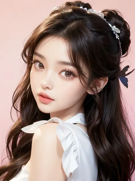 Kim Jennie with dark brown hair, mientras trenzas bonitas, with little curlers in her hair, con ojos marrones claros, ojos bonitos, with long and beautiful eyelashes, cejas perfectas, thick heart shaped lips with cupid&#39;s bow, Crimson lips, piel bonita,...